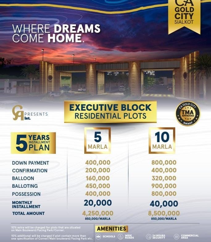 Plots for sale in CA gold City sialkot executive block on 5 years installment plan