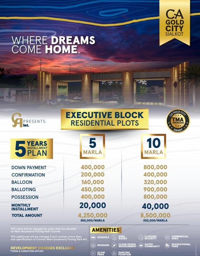 Plots for sale in CA gold City sialkot executive block on 5 years installment plan